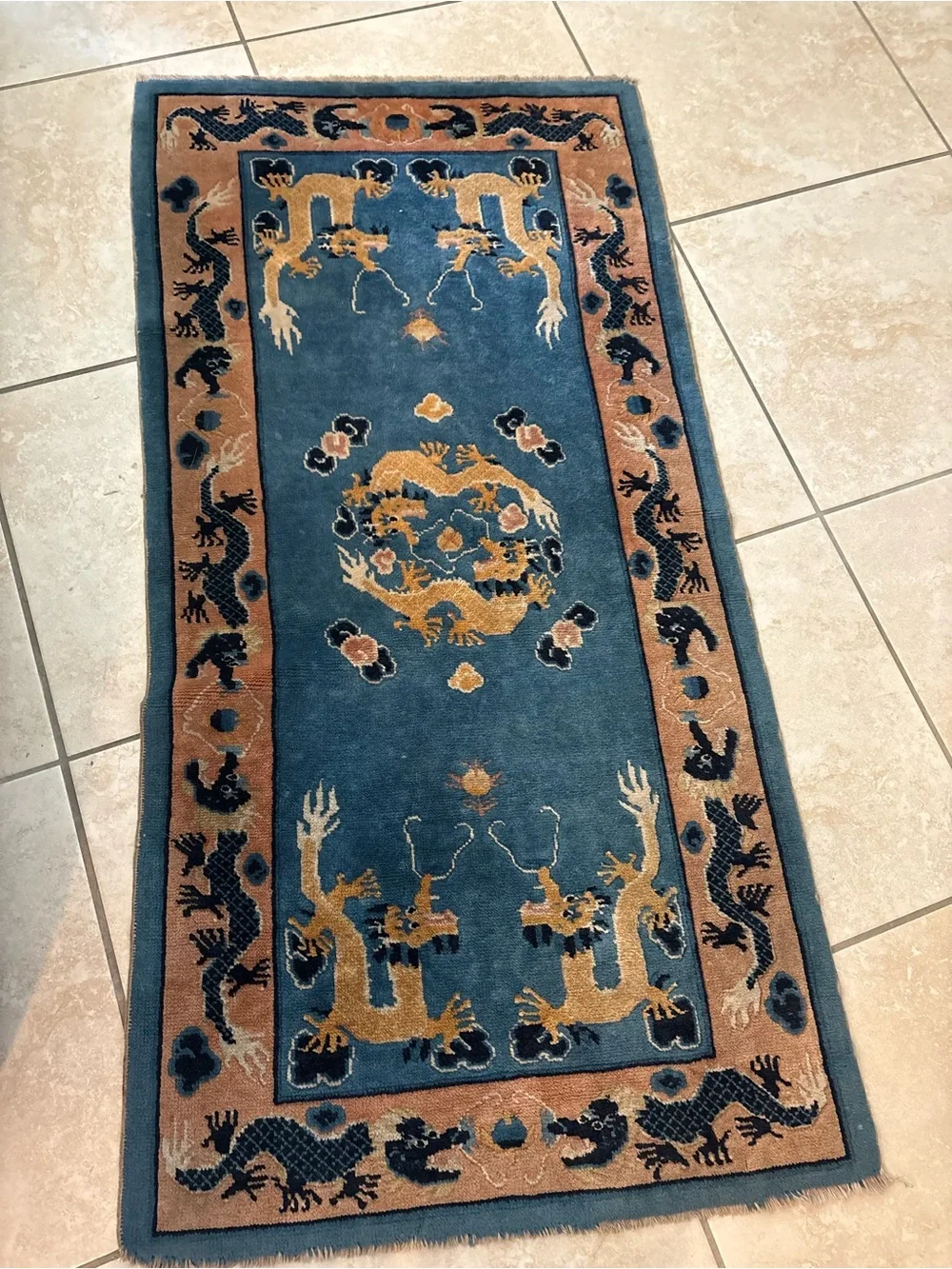 Vintage Chinese-Style Dragon & Crane Runner Rug – Unique Decorative Piece